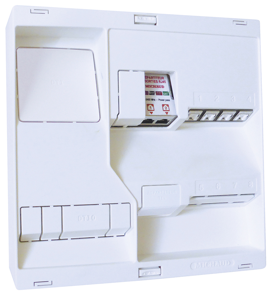 Tableau de communication Grade 3 + 4 RJ45 catégorie 6A + répartiteur TV sur RJ45 2 sorties NEO